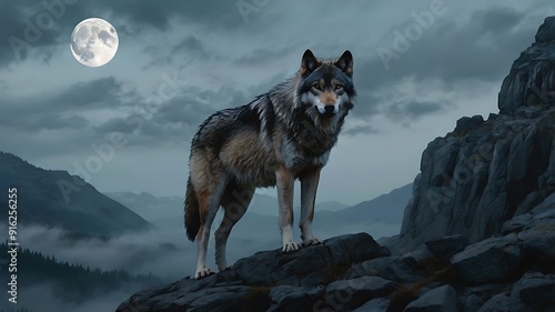 Digital painting featuring a majestic, lone wolf standing on a rocky outcrop, gazing over a vast, misty mountain landscape. 