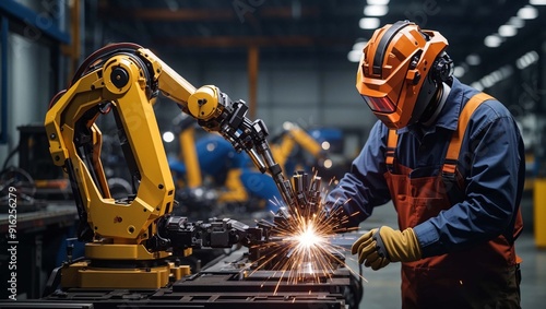 A worker wearing a welding mask and protective gear is working with a robotic arm in a factory
