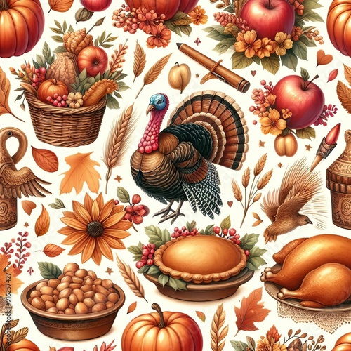 Thanksgiving decor elements seamless pattern in warm colors. Watercolor vintage style illustration. Traditional Thanksgiving decoration, apple pie, turkey bird, flowers seamless pattern. AI generated photo