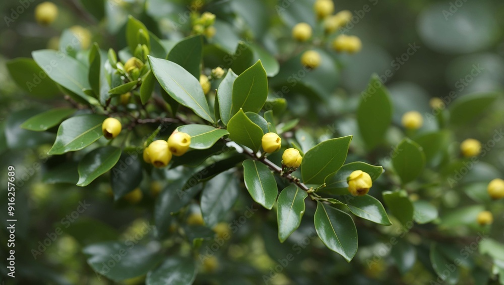 a leafy green bush with small clusters of white flowers. a leafy green bush with small clusters of white flowers.