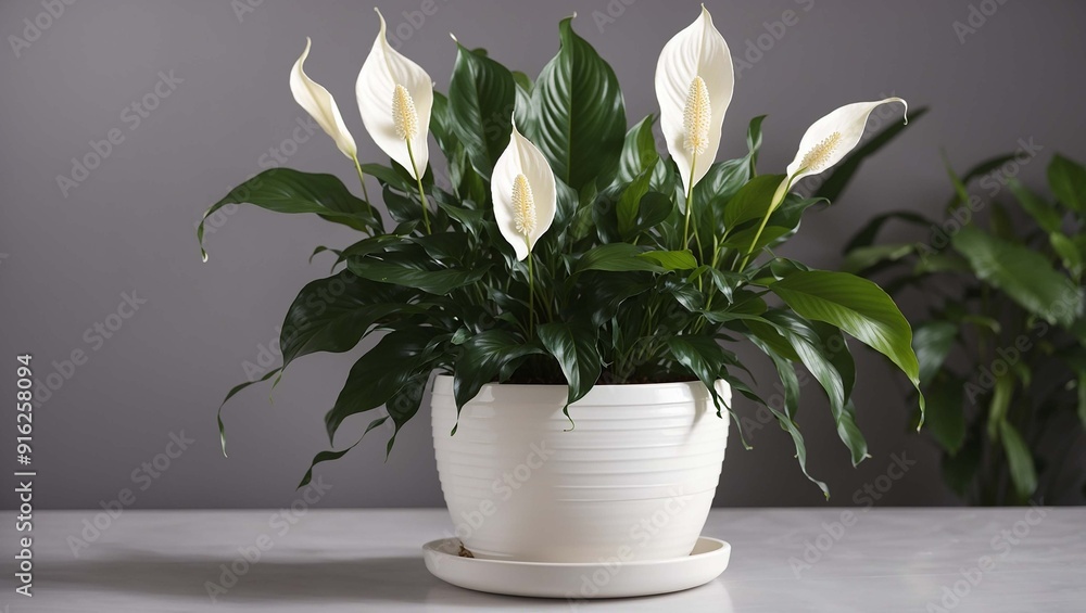 a potted plant with large green leaves and three white flowers. a potted plant with large green leaves and three white flowers.