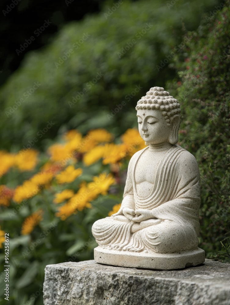 A tranquil garden adorned with vibrant flowers and a calming Buddha statue fosters a sense of inner peace and harmony. A tranquil garden adorned with vibrant flowers and a calming Buddha statue fosters a sense of inner peace and harmony.