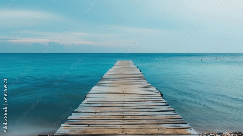 Fototapeta premium Wooden Pier Extending into Calm Blue Ocean at Dusk