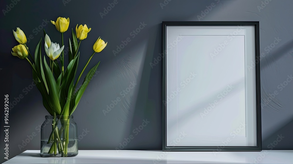 Yellow Tulips in a Glass Vase on a White Table Yellow Tulips in a Glass Vase on a White Table