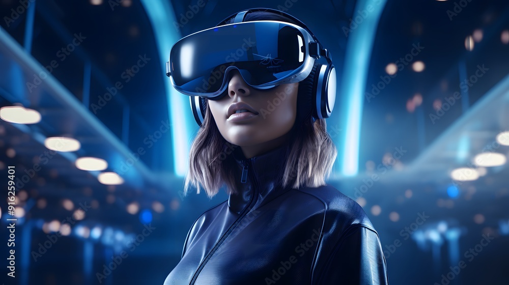Woman with virtual reality headset in a digital environment for a modern and tech-savvy visual. Woman with virtual reality headset in a digital environment for a modern and tech-savvy visual.