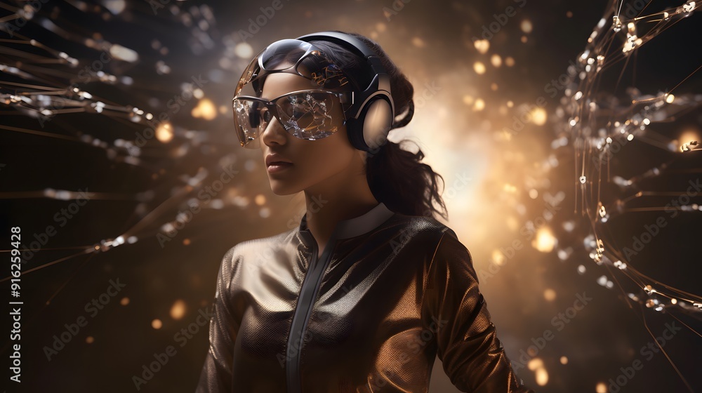 Woman wearing futuristic glasses in a high-tech environment for a modern and sci-fi inspired visual. Woman wearing futuristic glasses in a high-tech environment for a modern and sci-fi inspired visual.
