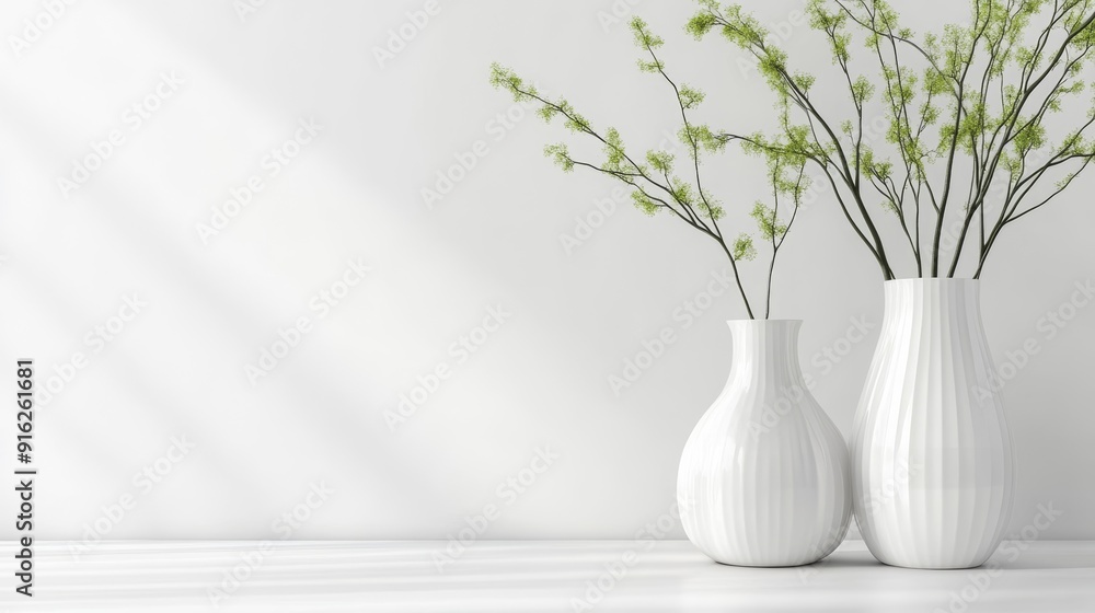 Minimalist White Vases with Green Branches Minimalist White Vases with Green Branches