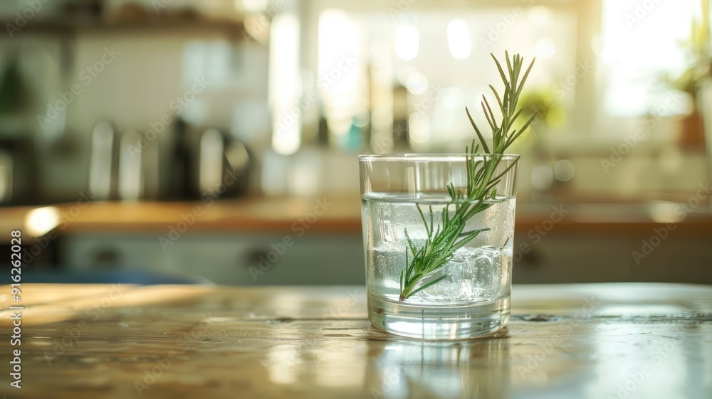 Glass of refreshing water with ice and rosemary on wooden table in sunlit kitchen Glass of refreshing water with ice and rosemary on wooden table in sunlit kitchen