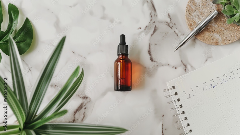 Amber glass dropper bottle on marble surface with plants and notebook Modern minimalistic setup Amber glass dropper bottle on marble surface with plants and notebook Modern minimalistic setup