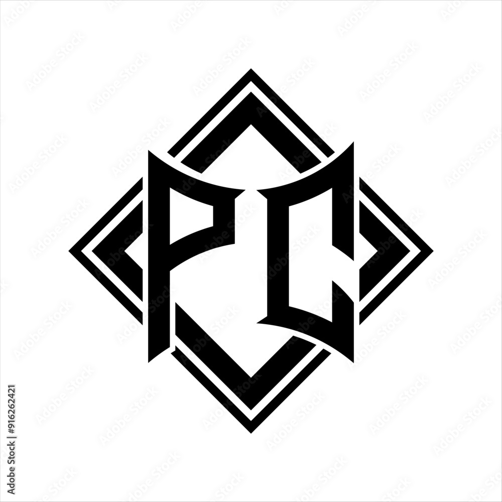 PC Letter logo with abstract shield shape with square black outline on white background design PC Letter logo with abstract shield shape with square black outline on white background design