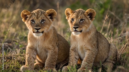 High-quality, close-up photograph of four lion cubs stacked adorably on top of each other in a natural outdoor setting (6)