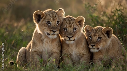 High-quality, close-up photograph of four lion cubs stacked adorably on top of each other in a natural outdoor setting (6)