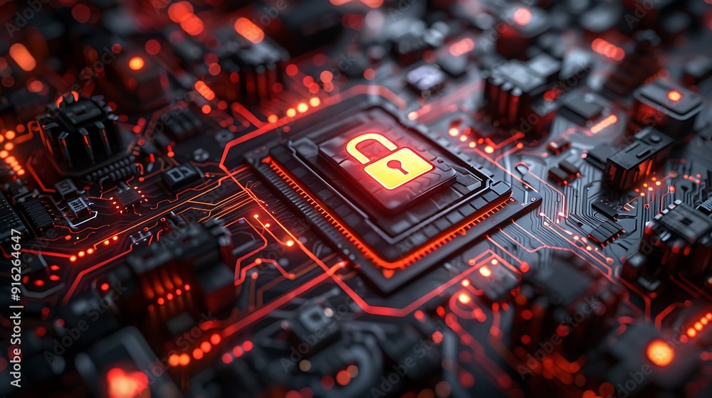 Digital Security and Protection: A Futuristic Lock Symbolizing Cybersecurity on a Glowing Circuit Board Digital Security and Protection: A Futuristic Lock Symbolizing Cybersecurity on a Glowing Circuit Board
