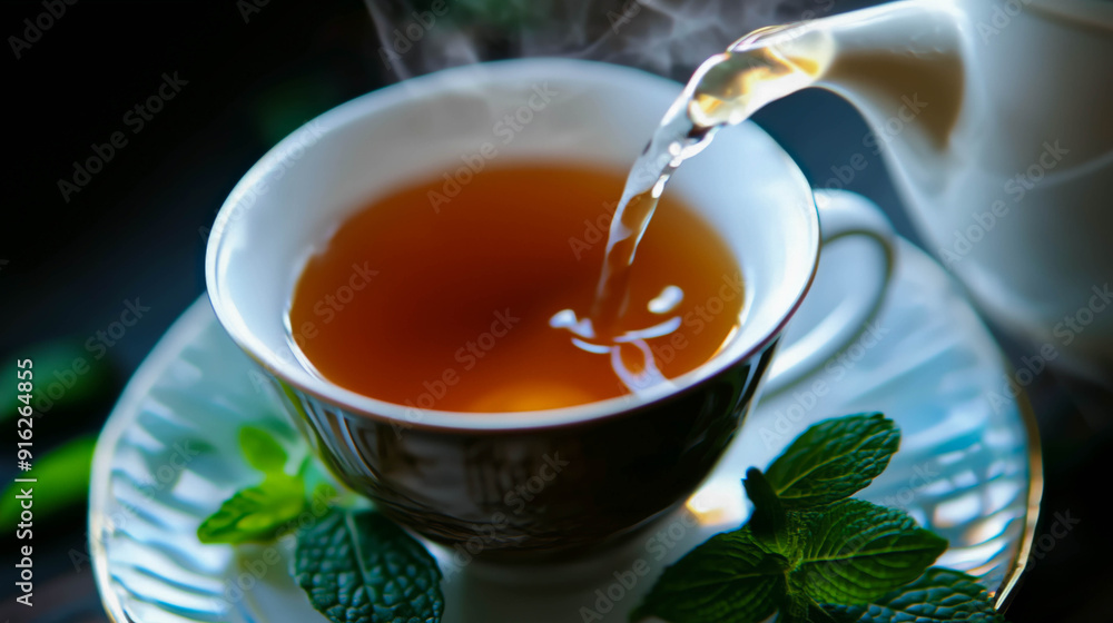 Pouring Fresh Tea into Cup with Mint Decoration Pouring Fresh Tea into Cup with Mint Decoration