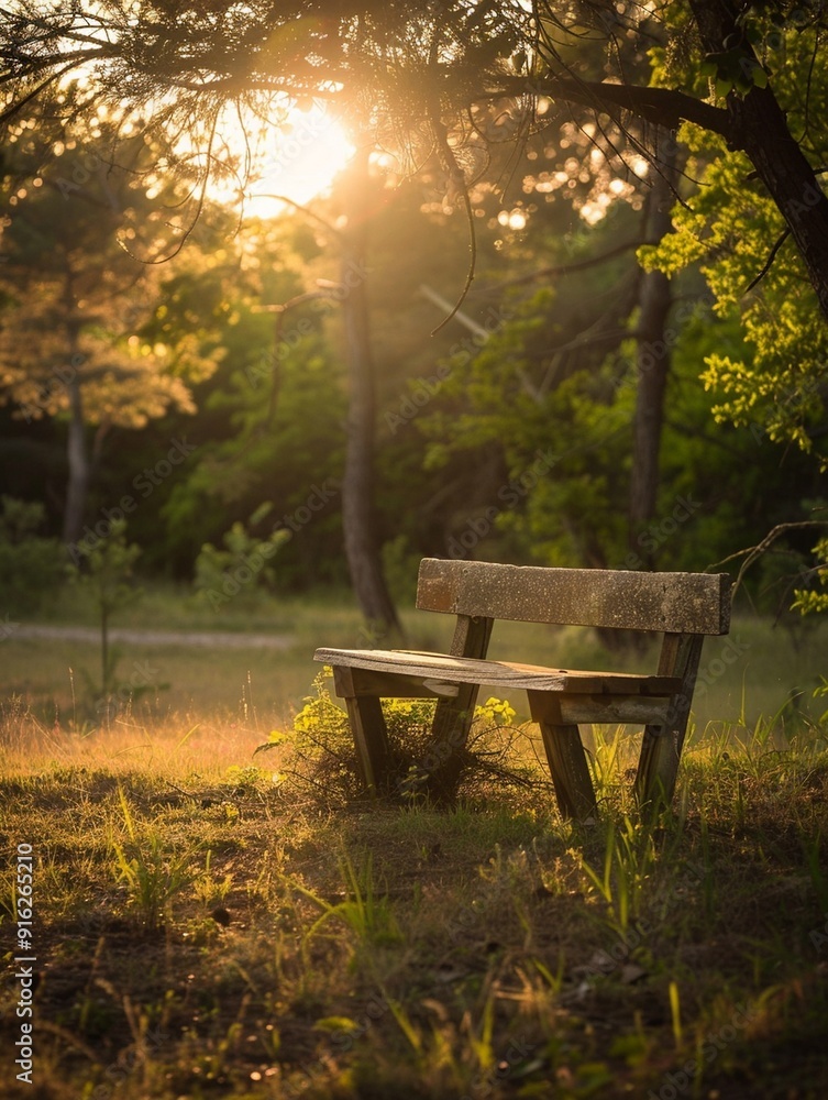 Naklejka premium Tranquil Sunset Bench in Nature: Serene Outdoor Escape