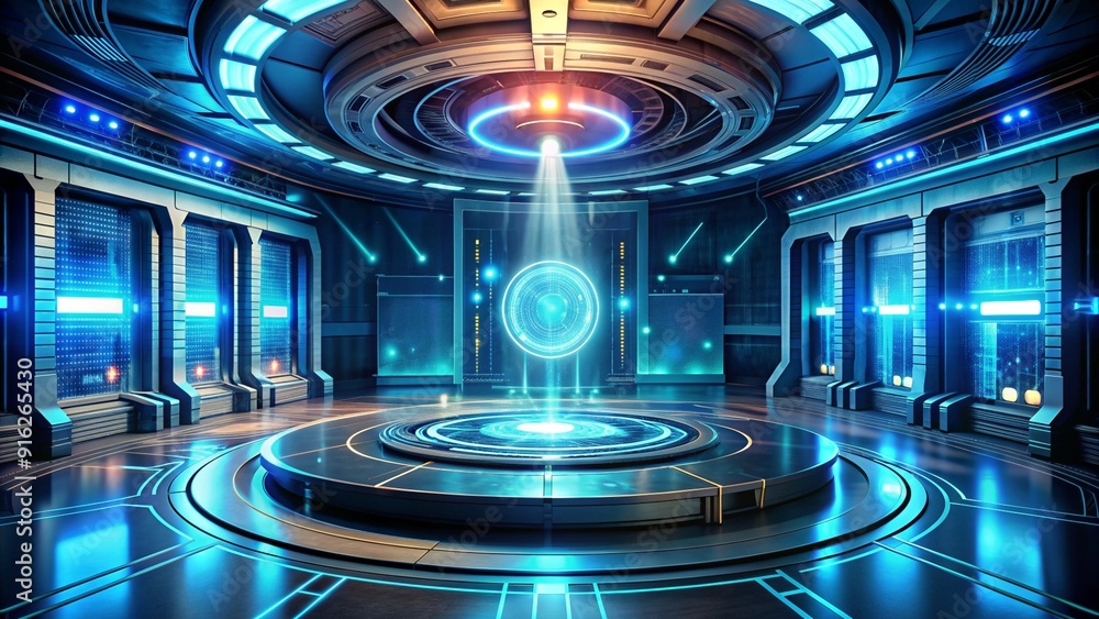 A futuristic platform in the center of a high-tech room, with a glowing portal above it. The room is filled with digital screens and light beams, creating a sense of depth and technological A futuristic platform in the center of a high-tech room, with a glowing portal above it. The room is filled with digital screens and light beams, creating a sense of depth and technological