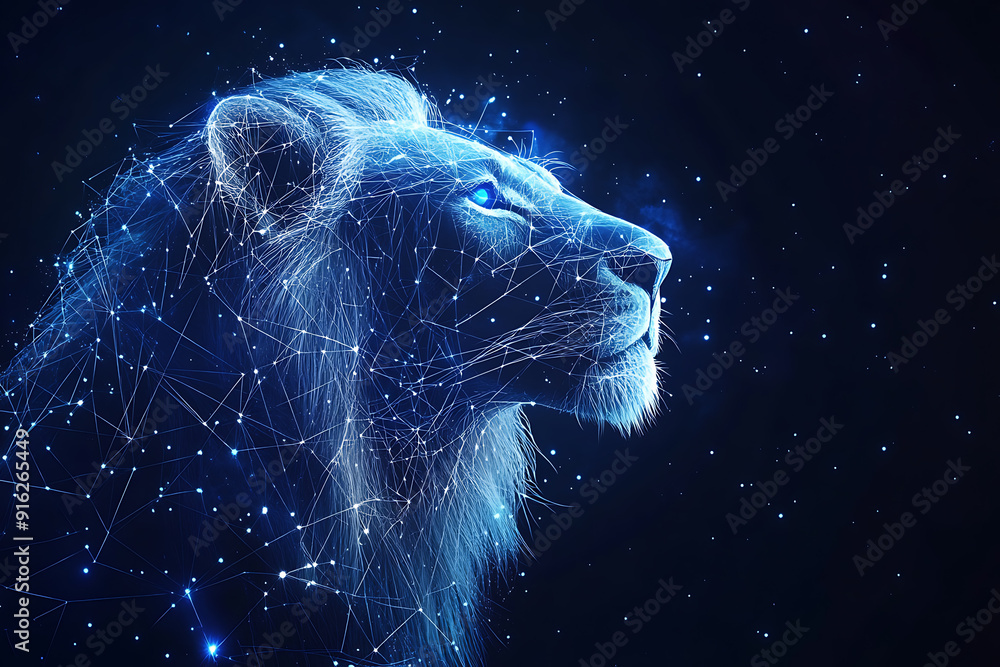 Naklejka premium Digital wireframe polygon of the Leo zodiac sign, featuring lines and points. A fusion of astrological tradition and cutting-edge technology.