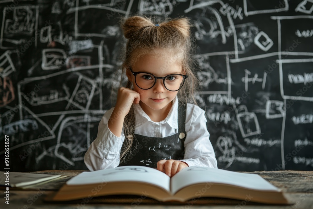 Little girl wearing glasses, reading a book in front of a chalkboard. Perfect for educational content and back-to-school designs. Little girl wearing glasses, reading a book in front of a chalkboard. Perfect for educational content and back-to-school designs.