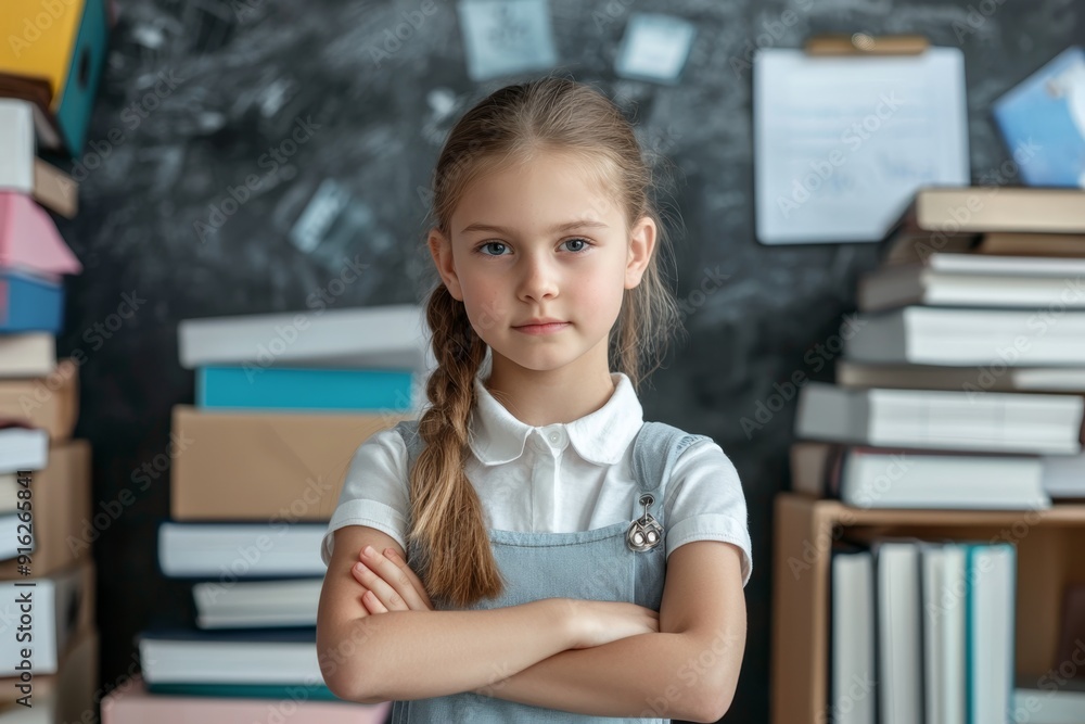 Serious girl standing with arms crossed in a classroom filled with books. Perfect for educational content and back-to-school themes Serious girl standing with arms crossed in a classroom filled with books. Perfect for educational content and back-to-school themes