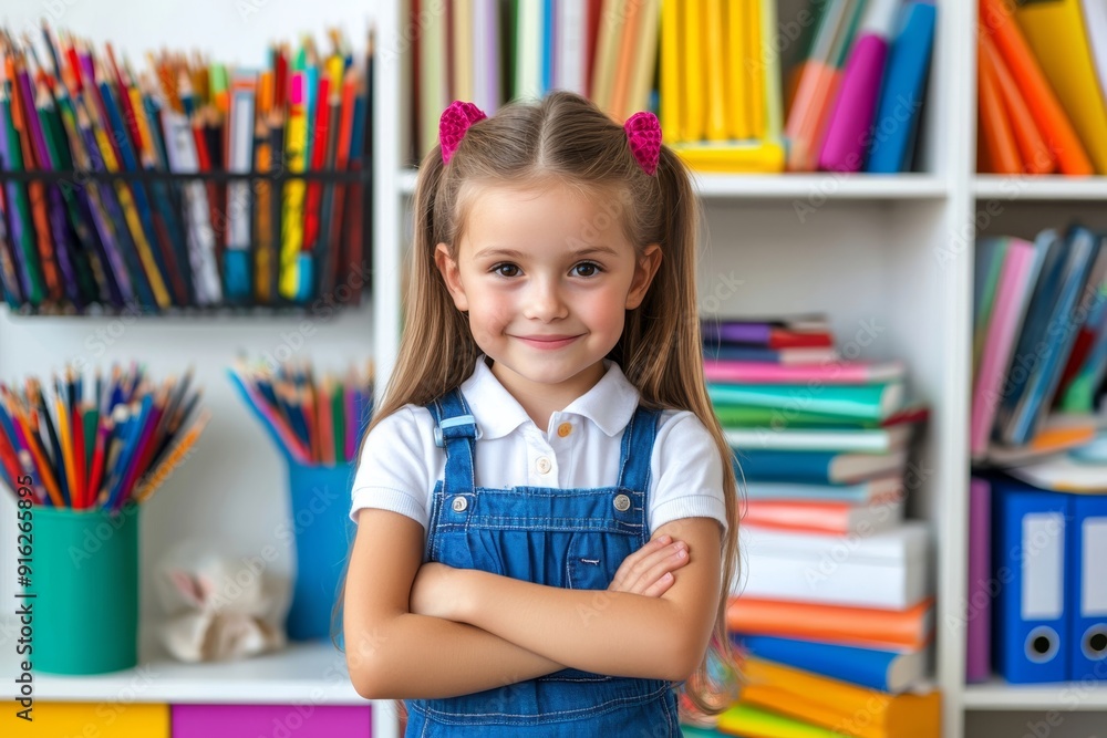 A confident 6-year-old girl standing in front of a shelf filled with colorful books and pencils. Perfect for educational and back-to-school themes. A confident 6-year-old girl standing in front of a shelf filled with colorful books and pencils. Perfect for educational and back-to-school themes.