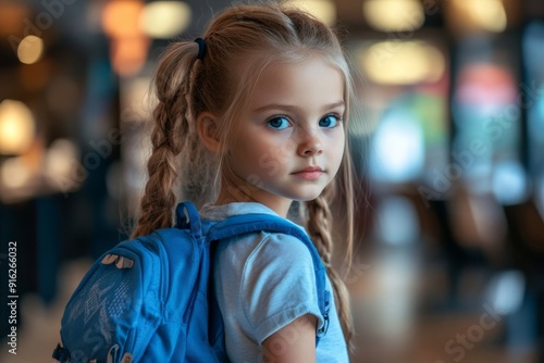 Thoughtful girl, 5 years old, with braids and a blue backpack, looking over her shoulder, with a blurred background. Ideal for school or travel themes.