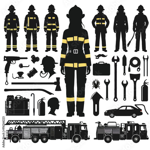 shiloutte firefighter elements and tools set vector photo