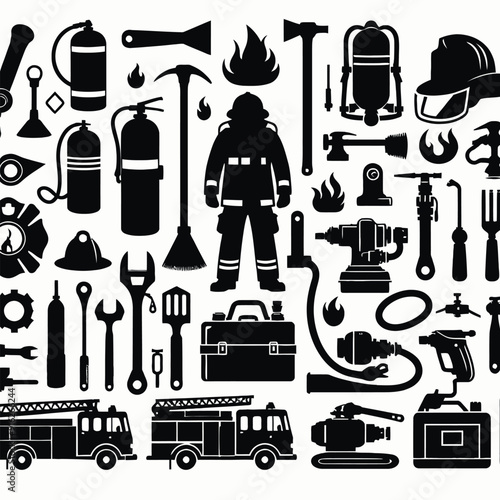 shiloutte firefighter elements and tools set vector photo