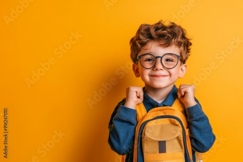 Happy boy, 6 years old, with curly hair and glasses, wearing a yellow hoodie and backpack, standing against a yellow background. Ideal for cheerful back-to-school content.