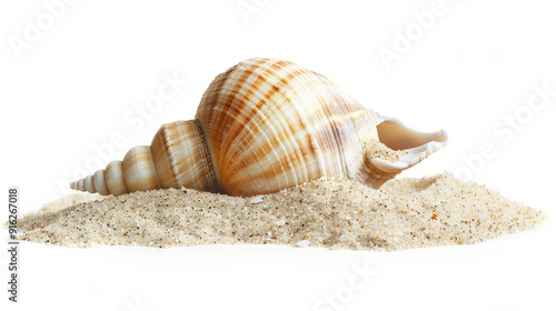 A seashell nestled in a small pile of sand, displayed on a clean white background, viewed from the side, emphasizing its natural texture and coastal essence.