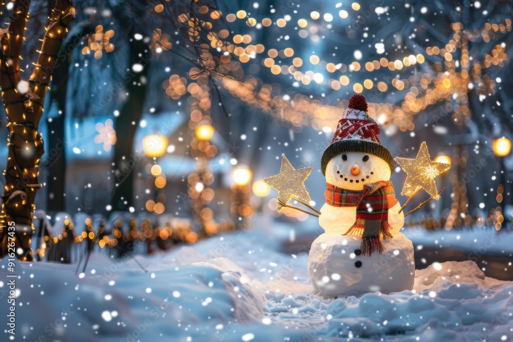 Festive Snowman on a Snow-Covered Bridge with Christmas Lights, Capturing the Magic of a Winter Night in the Holiday Season Festive Snowman on a Snow-Covered Bridge with Christmas Lights, Capturing the Magic of a Winter Night in the Holiday Season