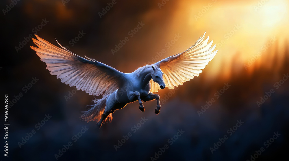 Obraz premium A white horse with a wing on its back flying through the sky. The image has a dreamy, ethereal quality to it, as if the horse is soaring through a magical world