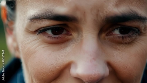 Tight shot of an aid workers compassionate eyes as they listen to the harrowing stories of survivors and offer comfort.