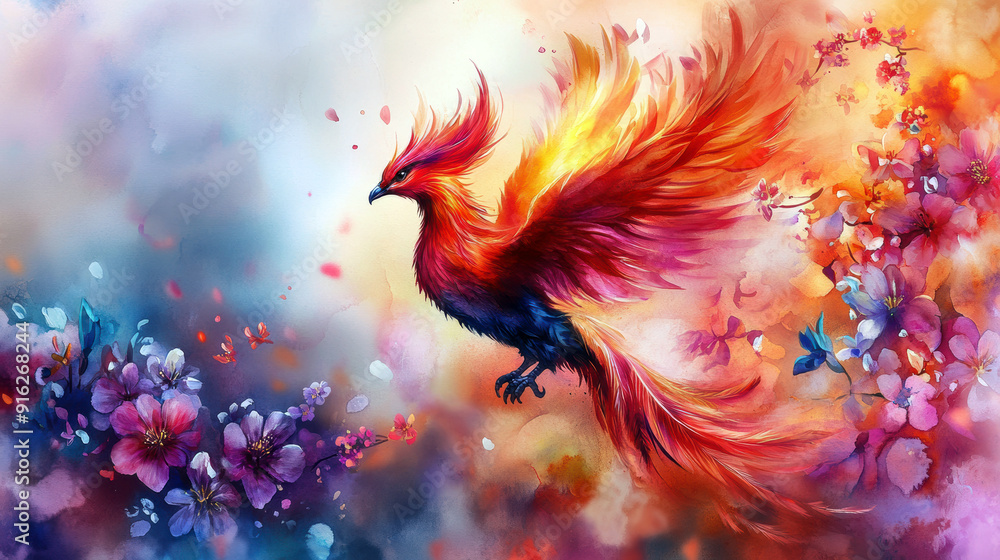 Obraz premium A colorful painting of a red bird with orange feathers flying over a field of flowers. The painting has a vibrant and lively mood, with the bird and flowers creating a sense of freedom and beauty