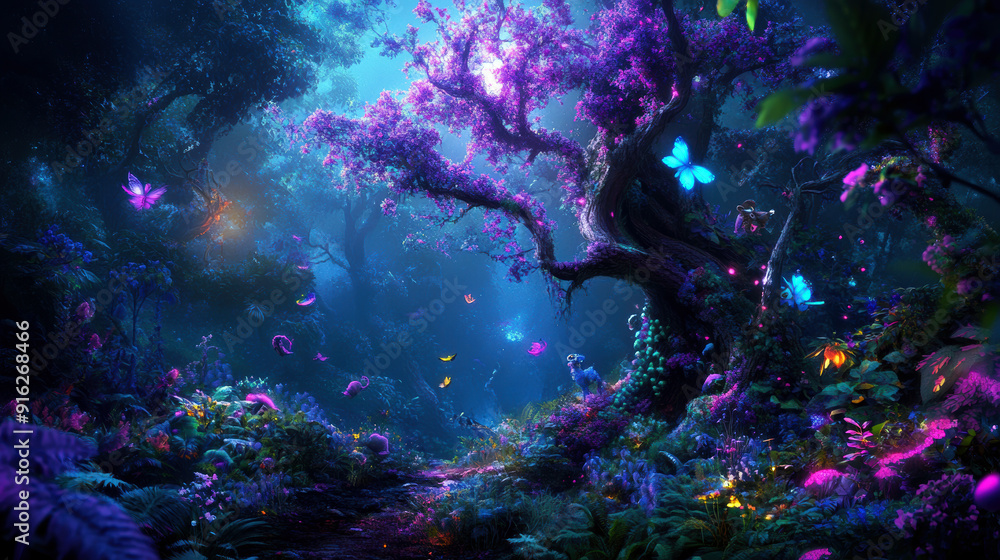 A forest with a purple tree and butterflies flying around it A forest with a purple tree and butterflies flying around it