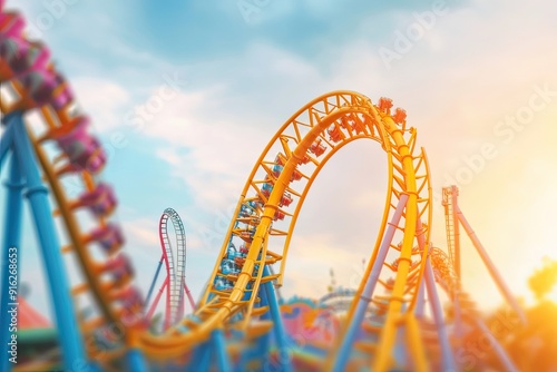 Amusement park with roller coasters blurred panoramic background