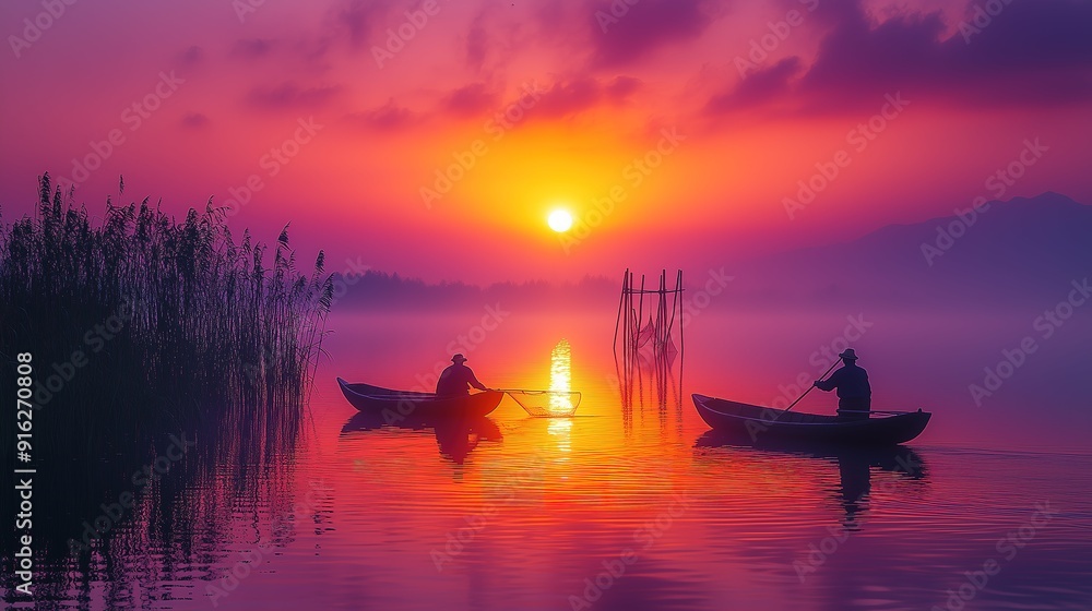 A serene sunrise scene over a tranquil lake with the warm orange and pink hues of the rising sun reflecting off the calm water. In the foreground, two traditional fishermen on wooden boats are casting A serene sunrise scene over a tranquil lake with the warm orange and pink hues of the rising sun reflecting off the calm water. In the foreground, two traditional fishermen on wooden boats are casting