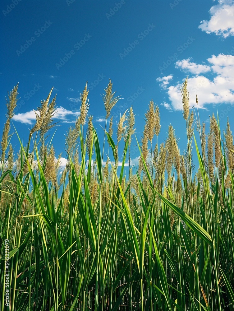 Fototapeta premium Vibrant Green Grass Against a Bright Blue Sky: Nature's Serenity
