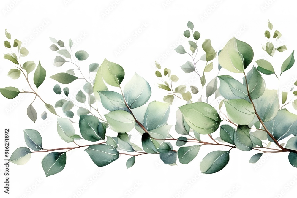 Watercolor painting of delicate green leaves and branches. Watercolor painting of delicate green leaves and branches.