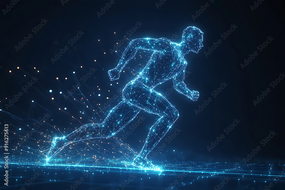 Naklejka premium Abstract wireframe running man form lines and triangles, point connecting network