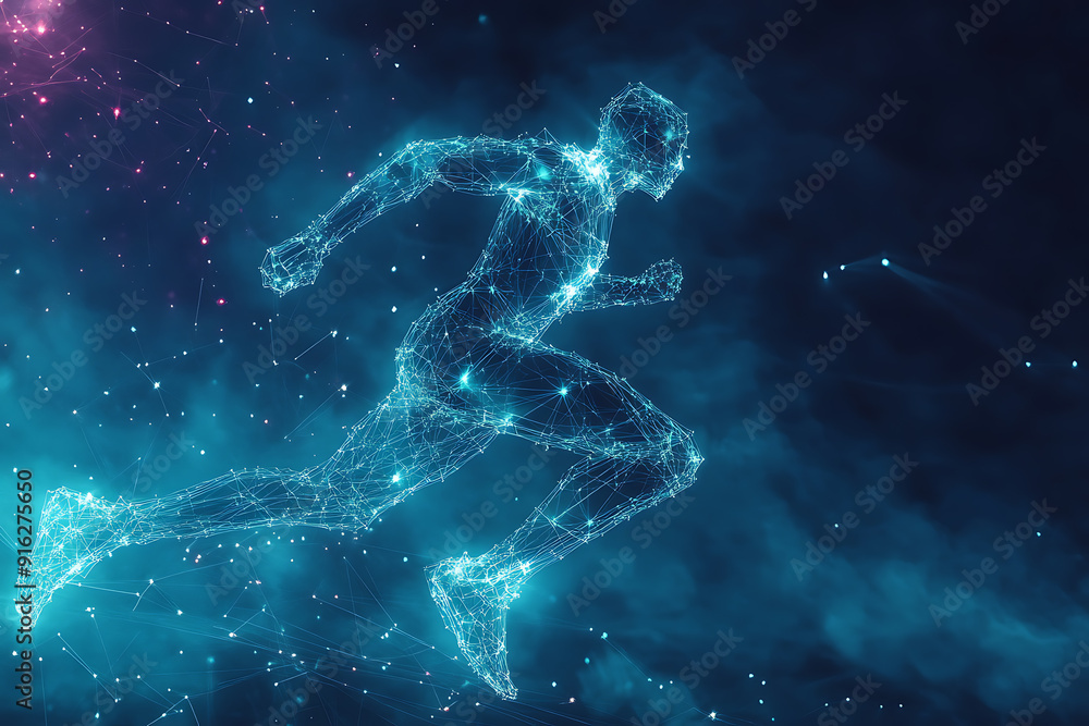 Abstract wireframe running man form lines and triangles, point connecting network Abstract wireframe running man form lines and triangles, point connecting network