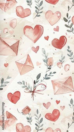 A whimsical design of hearts and envelopes surrounded by delicate greenery creates a romantic atmosphere