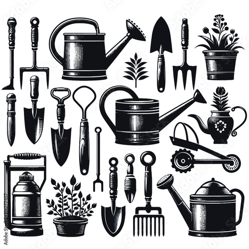 shiloutte gardening equipment set vector photo