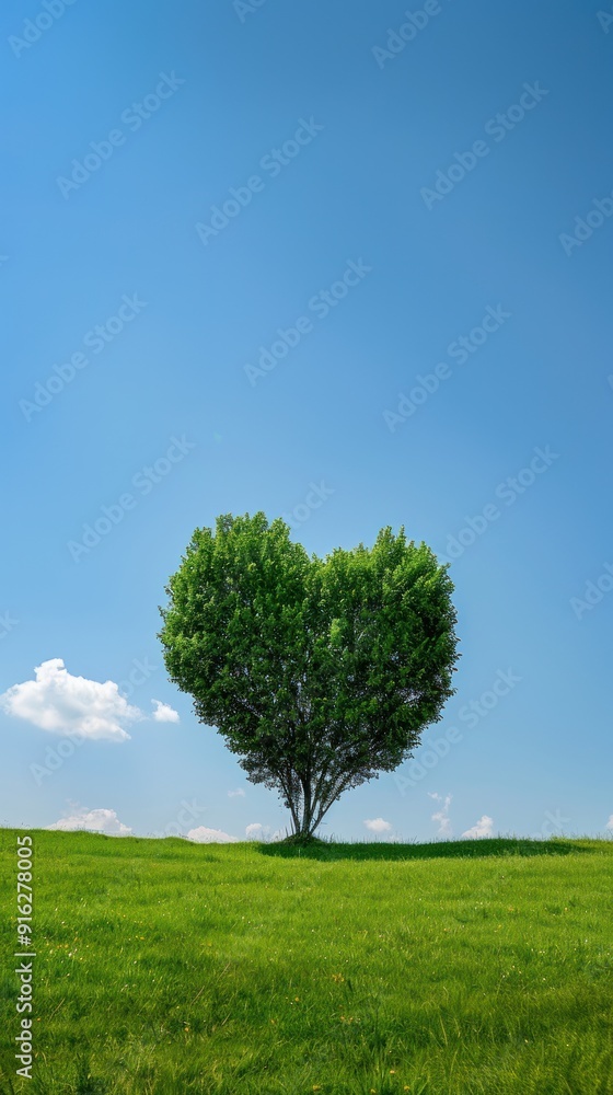Heart-shaped tree in green meadow under a blue sky. Heart-shaped tree in green meadow under a blue sky.