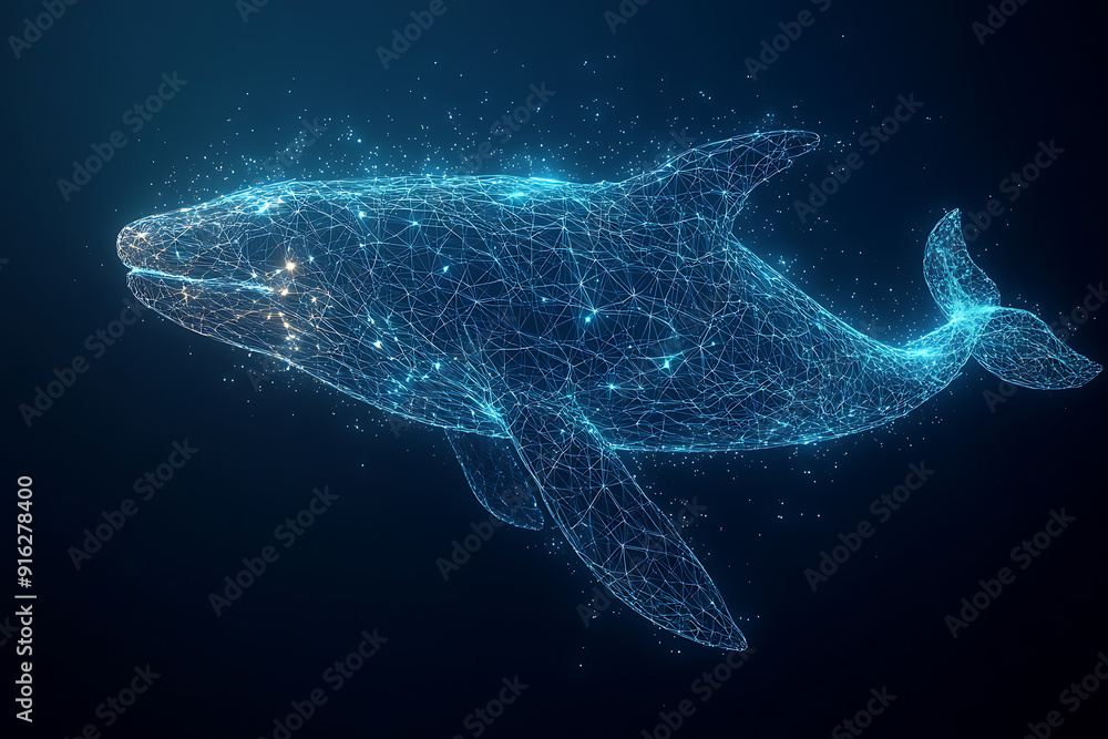 A blue whale made up of a polygon. Digital concept of sea animals. Big player in the market or exchange with huge capital. Money or cryptocurrency. wireframe. low poly. plexus A blue whale made up of a polygon. Digital concept of sea animals. Big player in the market or exchange with huge capital. Money or cryptocurrency. wireframe. low poly. plexus