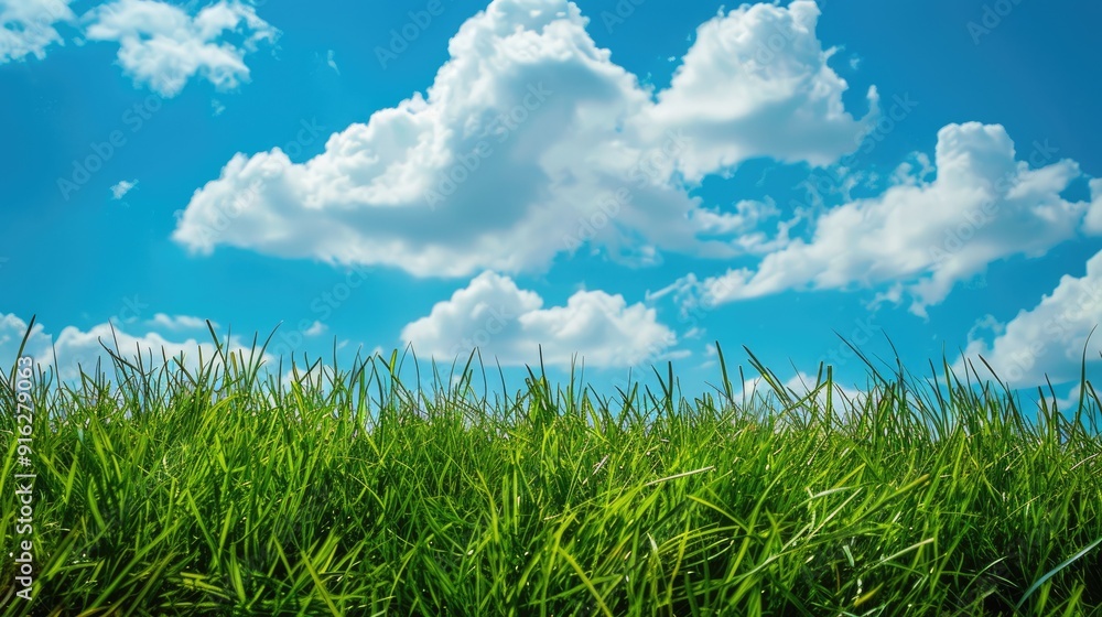 Green grass on incline under blue sky with clouds. Green grass on incline under blue sky with clouds.