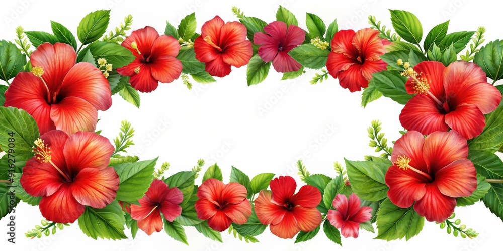 Floral border with red hibiscus flowers and green leaves, isolated, floral, border, hibiscus, flowers, red, green, leaves Floral border with red hibiscus flowers and green leaves, isolated, floral, border, hibiscus, flowers, red, green, leaves