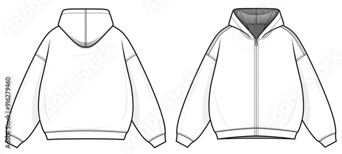 Hoodie with Front zipper technical fashion illustration. hoodie vector template illustration. front and back view. oversized. drop shoulder. unisex. white color. CAD mockup set.
