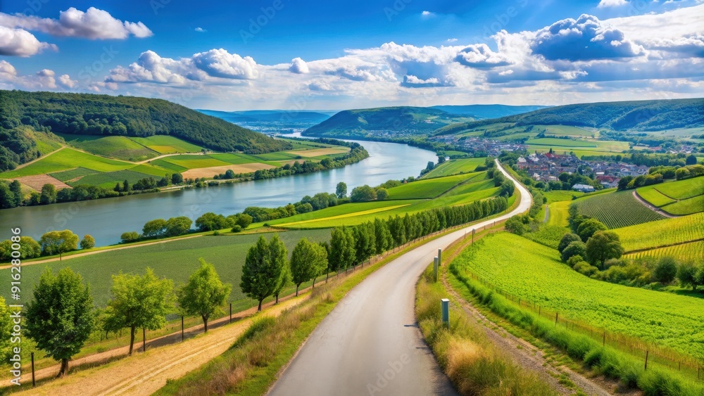 Country road winding through fields with panoramic view of Middle Rhine Valley landscape in summer Country road winding through fields with panoramic view of Middle Rhine Valley landscape in summer