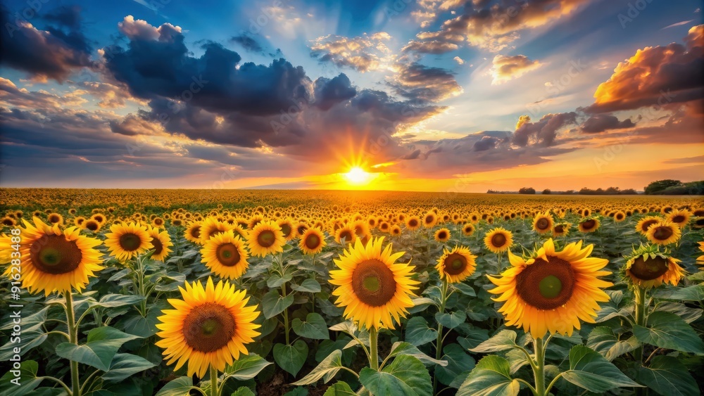 Obraz premium Beauty sunset over a sunflower field , Summer, landscape, sunset, sunflowers, field, beauty, nature, sky, colorful