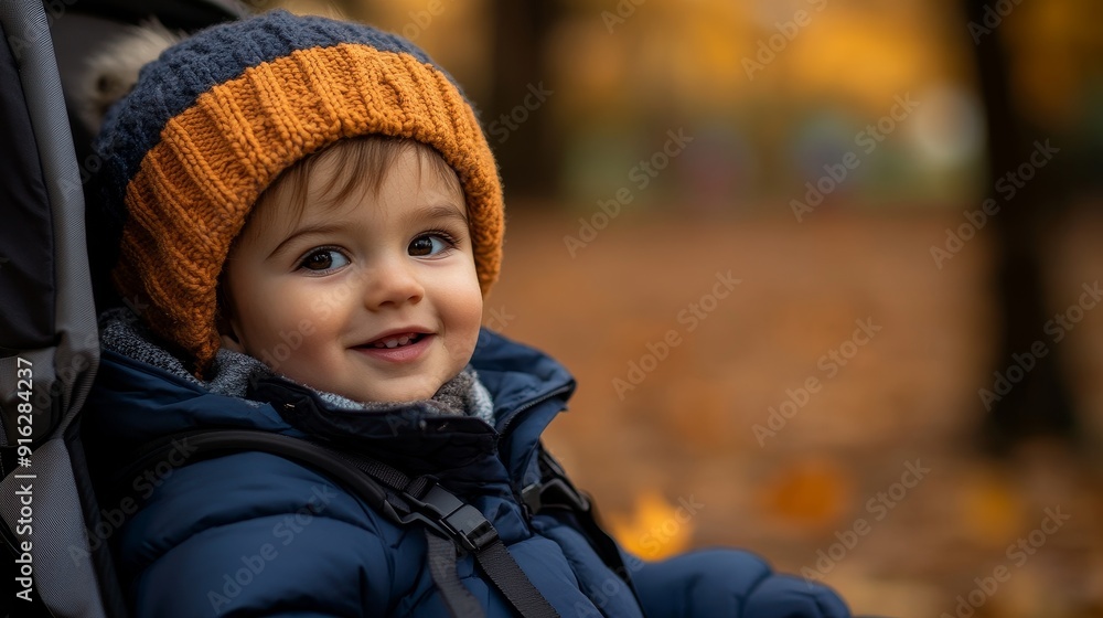 A smiling child in a cozy winter outfit, enjoying a stroll in a park filled with autumn leaves. A smiling child in a cozy winter outfit, enjoying a stroll in a park filled with autumn leaves.